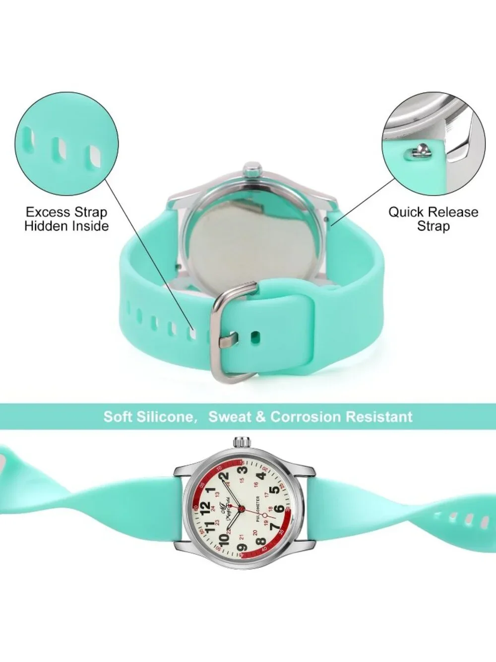 Women's Silver Green Easy to Read Military Time Waterproof Luminous Wrist Watch